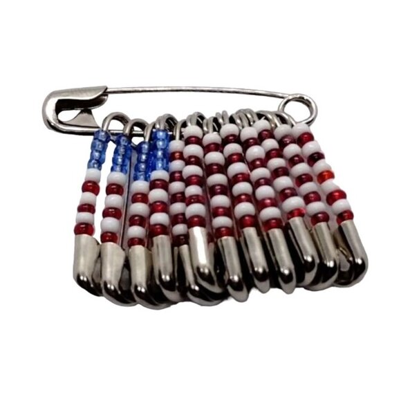 US Flag Patriotic Seed Bead Safety Pin Brooch Americana Appreciation - Picture 3 of 3